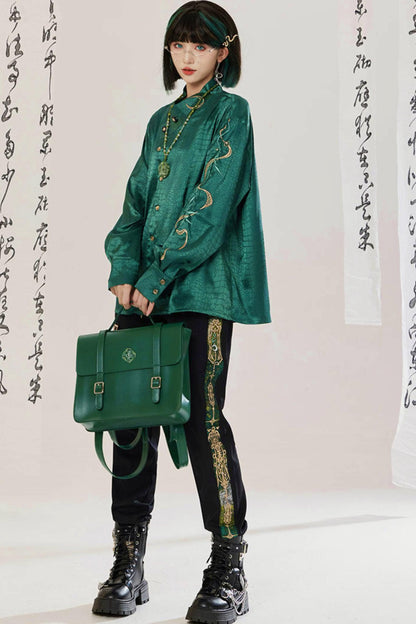 Jade Moon Dragon Embroidered Chinese Shirt + Moon Pocket Pants