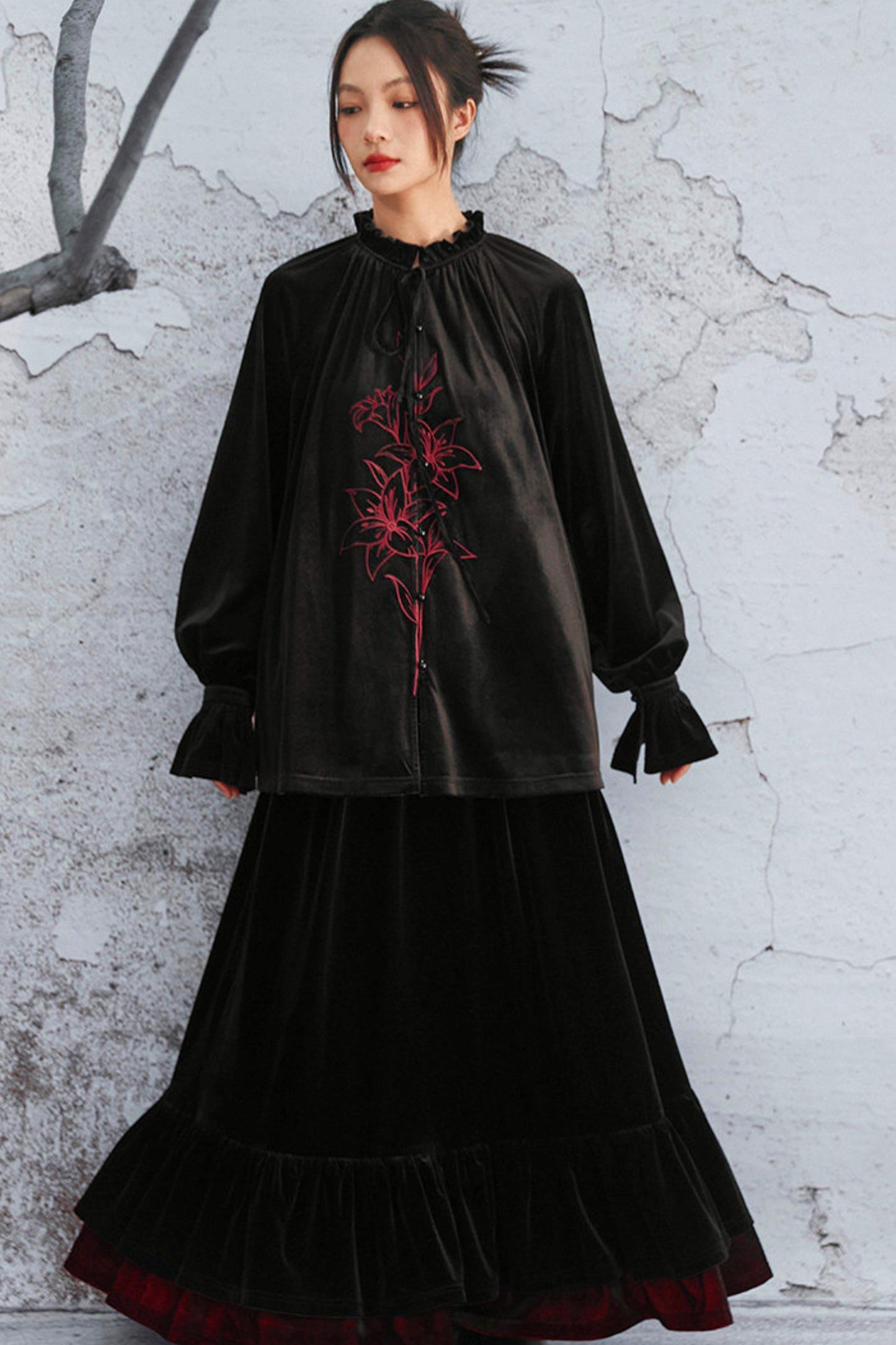 Black Velvet Lily Embroidered Blouse