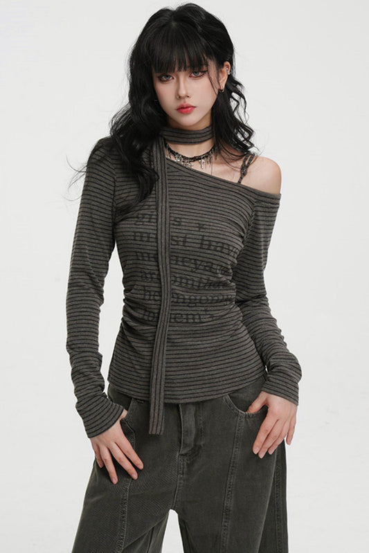 ストライプワンショルダータイネックトップス