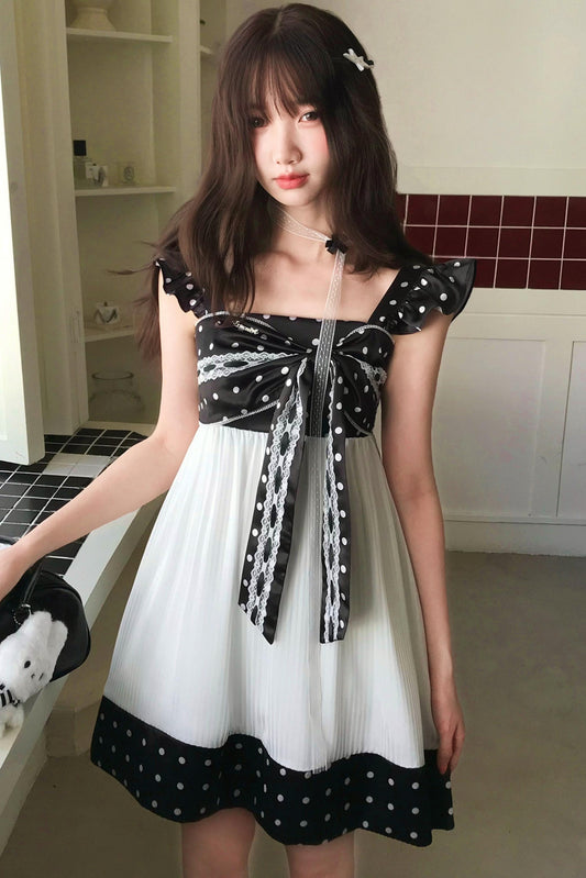 Polka Dot Ribbon Pleated Dress