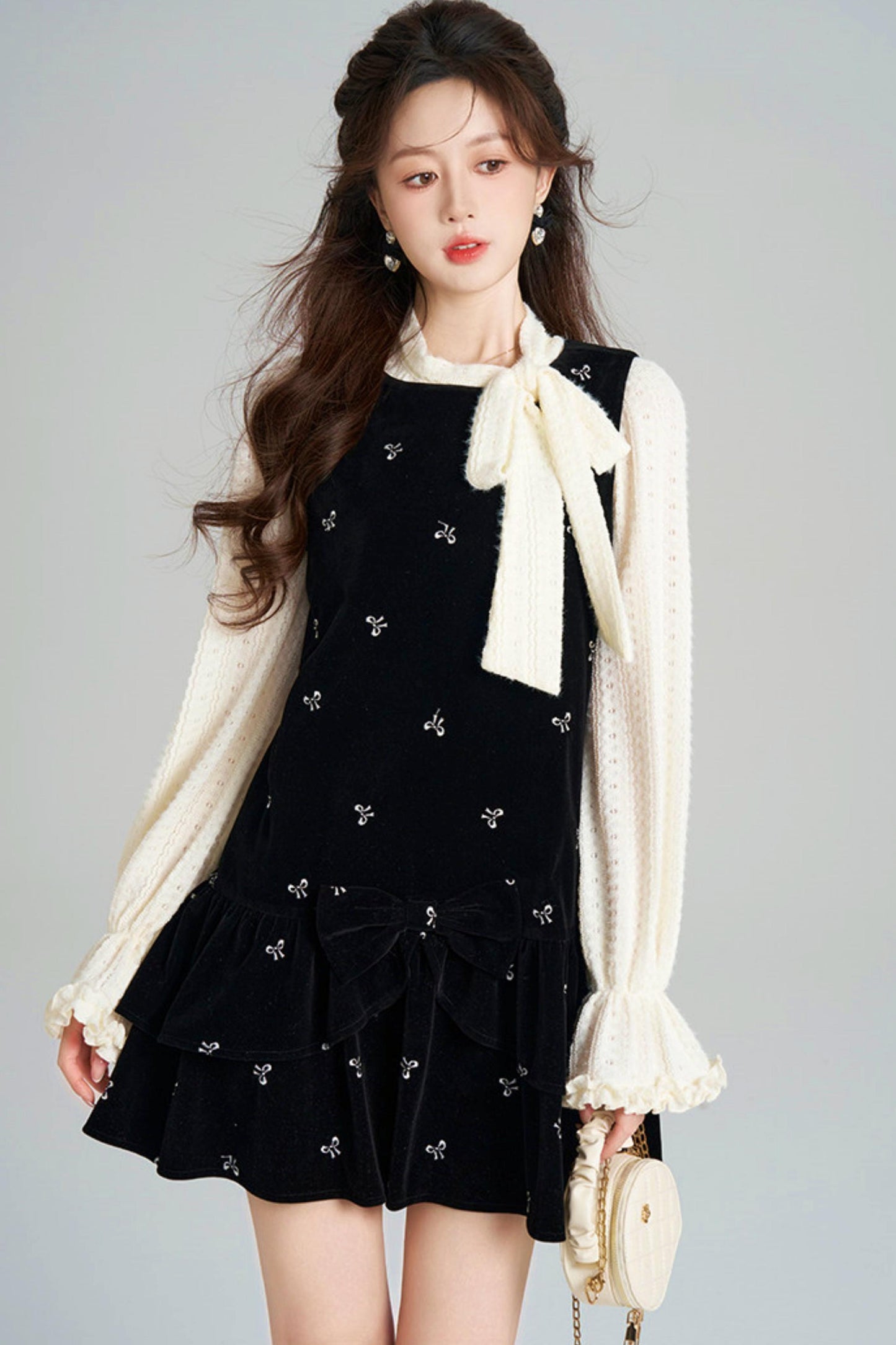 French Sweet Käbel Velvet Dress + Ribbon Neck Blouse