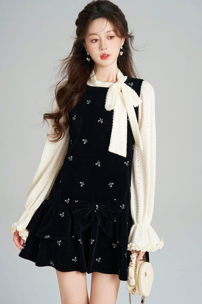 French Sweet Käbel Velvet Dress + Ribbon Neck Blouse