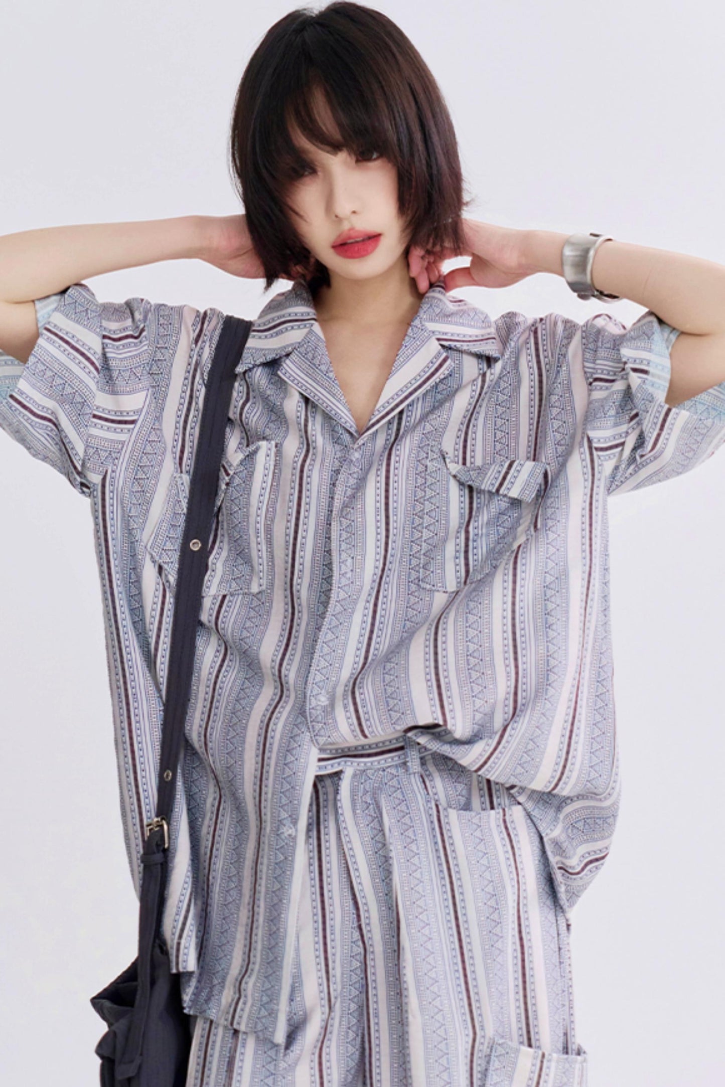 レトロプリントショートスリーブシャツセットアップ