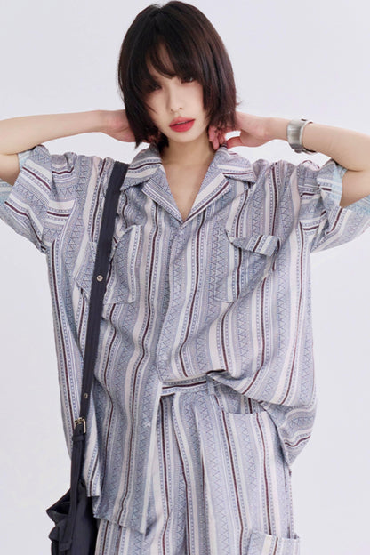 レトロプリントショートスリーブシャツセットアップ