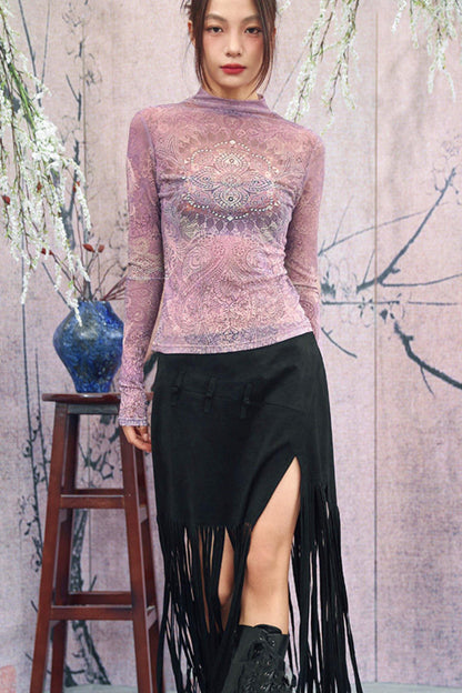Elegant Purple Paisley Sheer Top