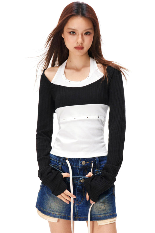 ラインストーンレイヤードニットトップス