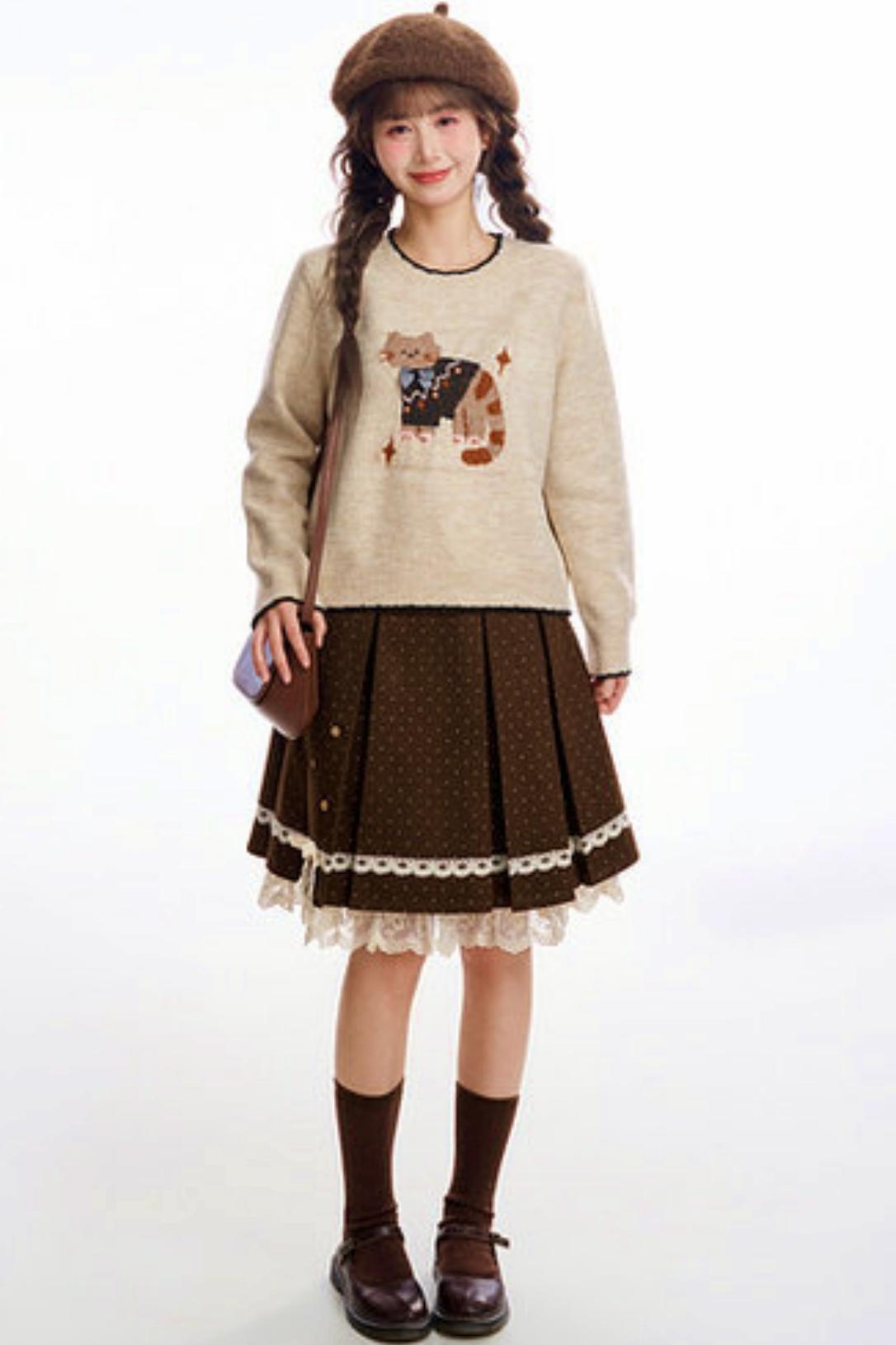 ブラウンポルカドットレーススカート