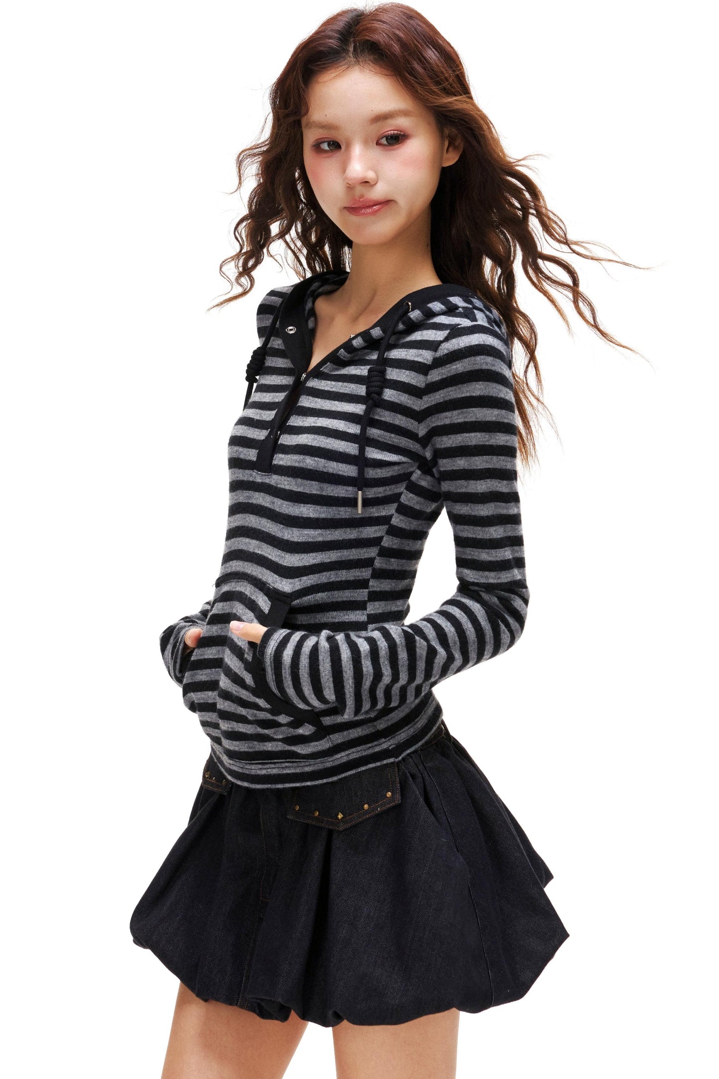 ボーダーフードスリムトップス