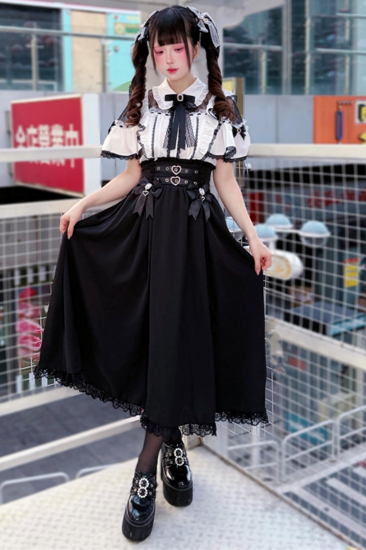 Elegant Lace Dark Kawaii Blouse + Heart Ring Long Skirt