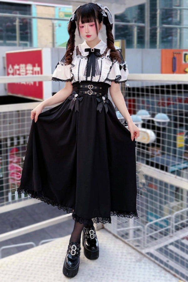 Elegant Lace Dark Kawaii Blouse + Heart Ring Long Skirt