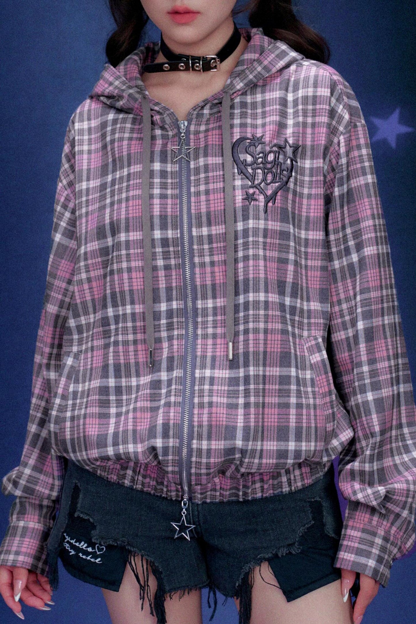 Rosa karierte Kapuzenjacke