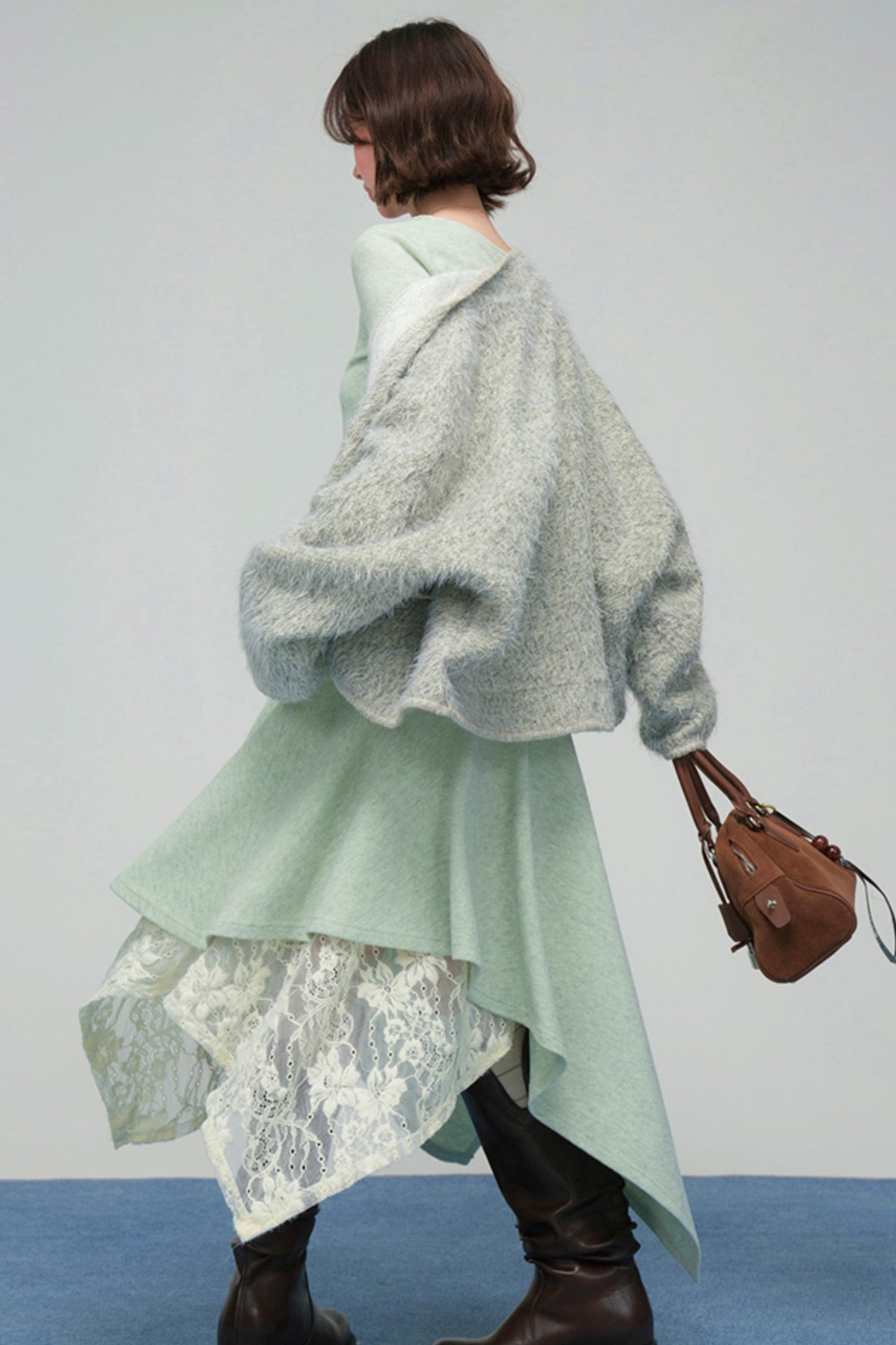 レースカラーニットトップス+アシメスカート