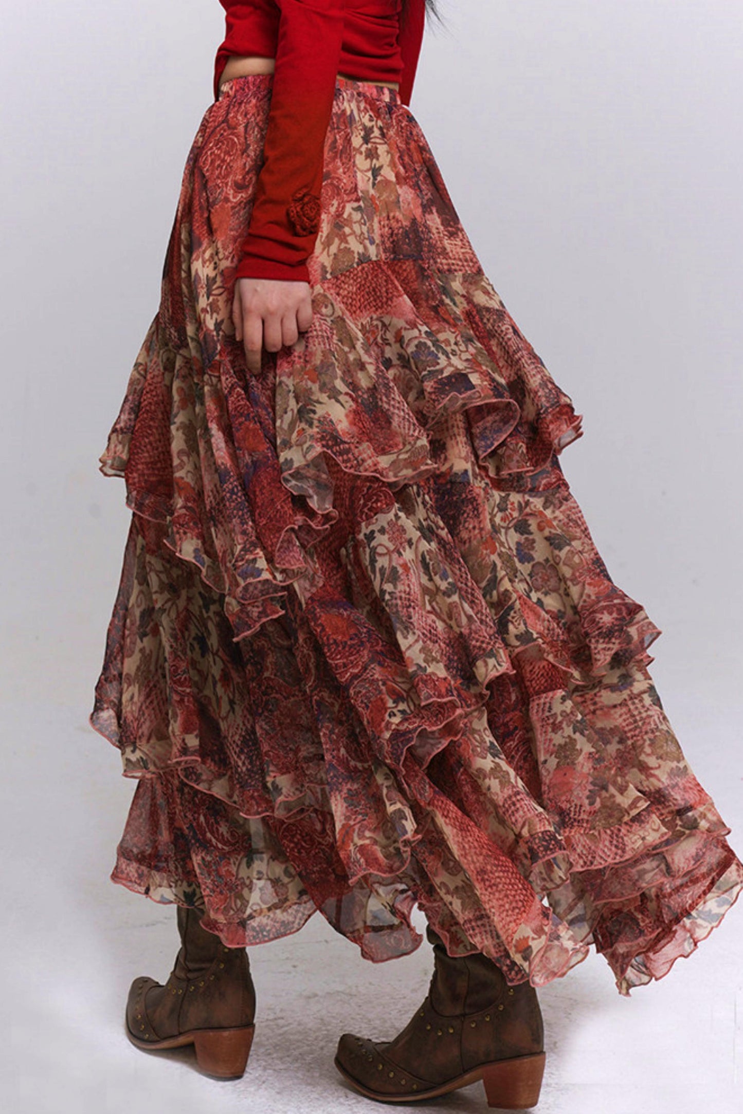 Red Floral Tiered Skirt