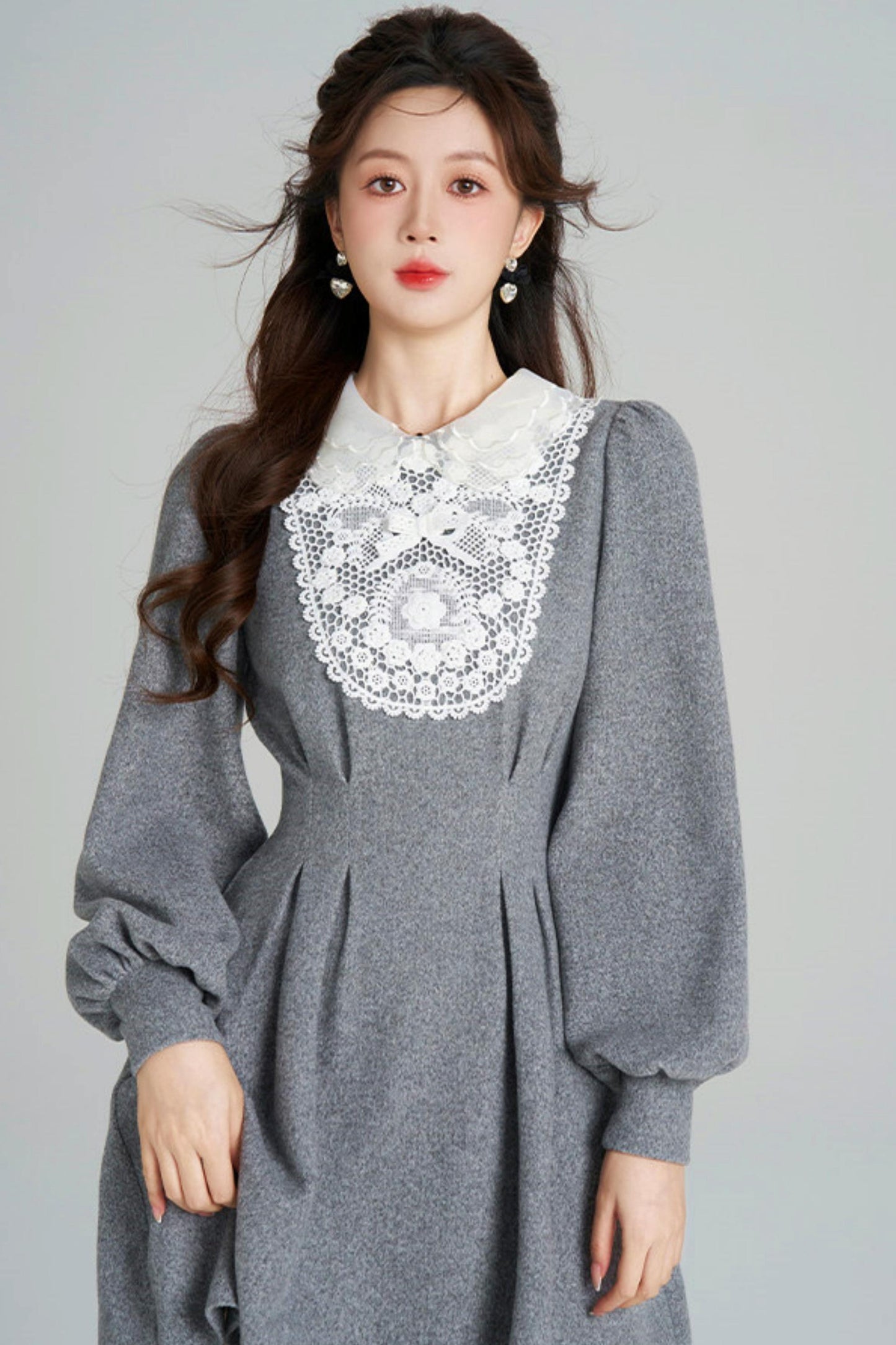 Lace Neck Design Waist Marked Dress