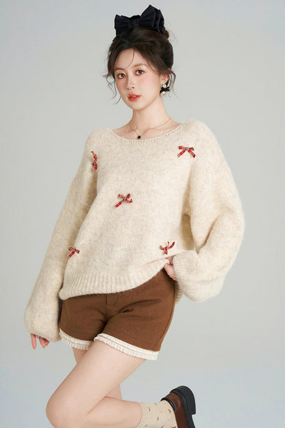 リボンフレンチニットセーター+ショートパンツ