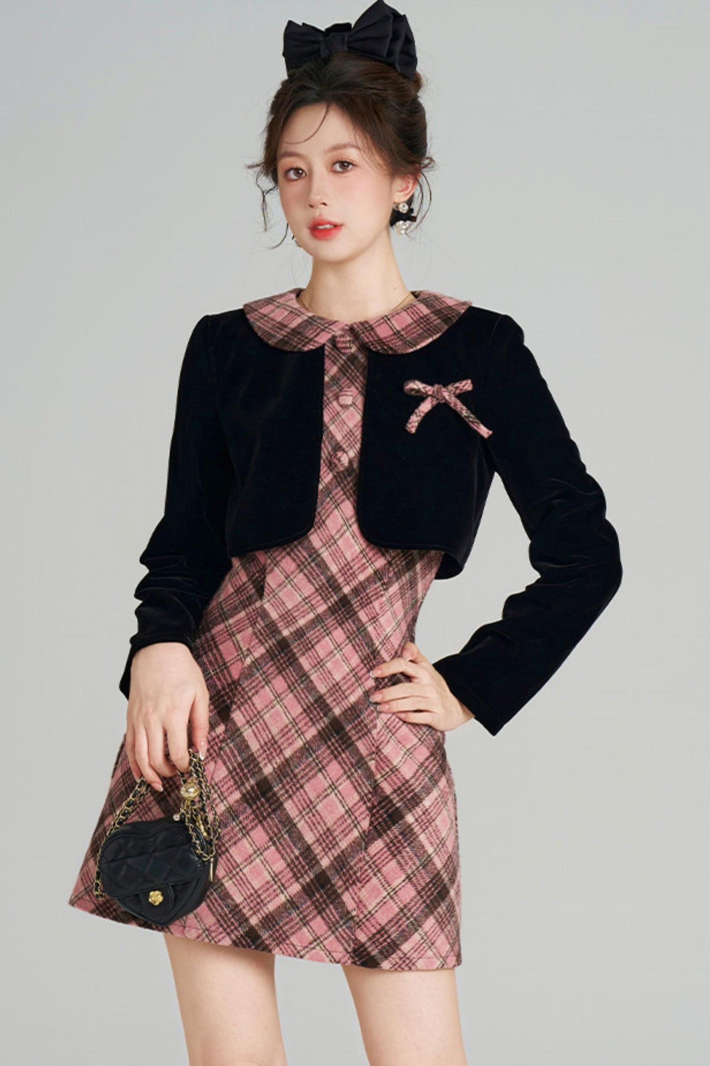 French Retro Plaid Doll Collar Dress