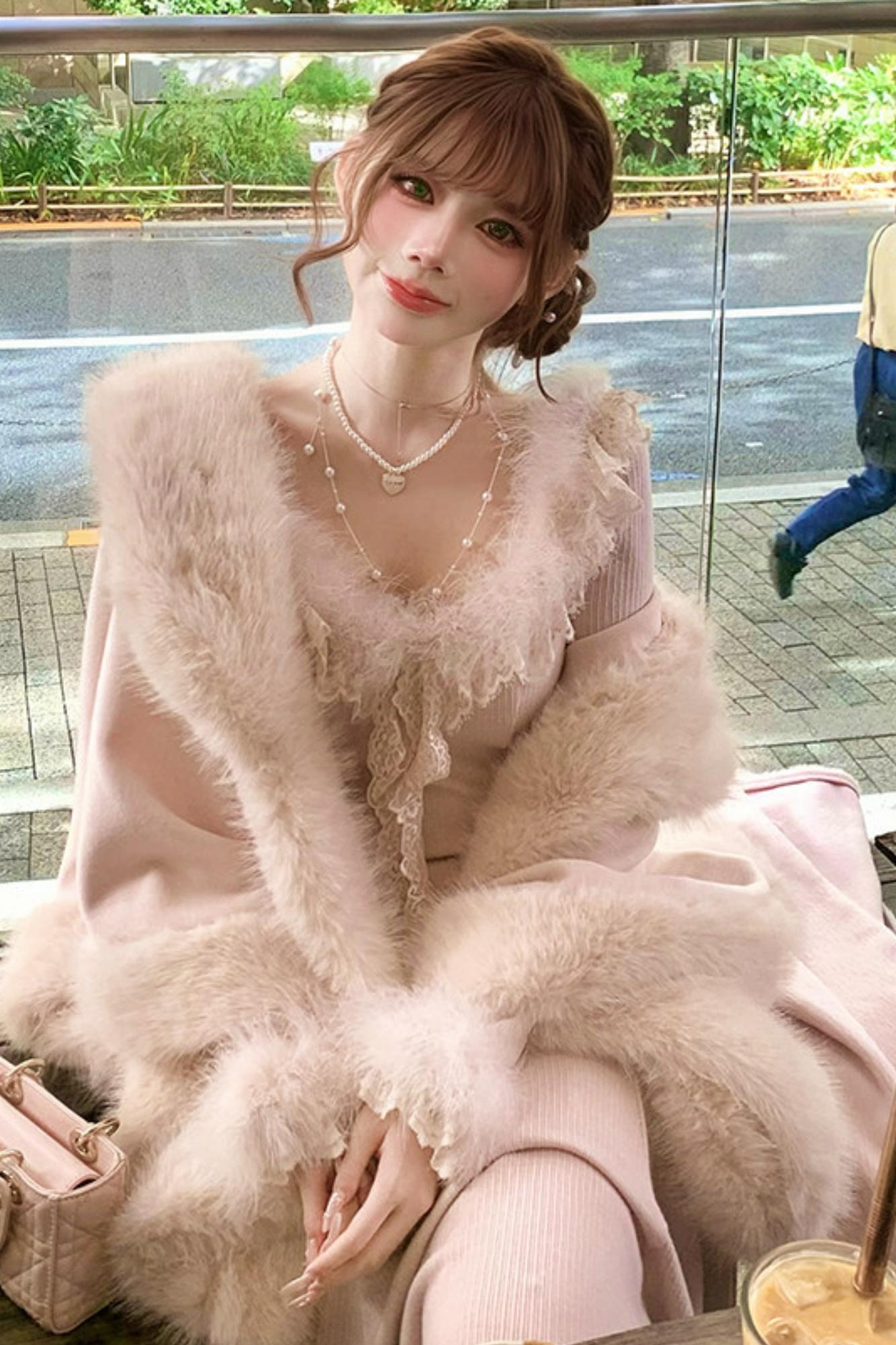 Lace Trimmed Feather Knit Dress