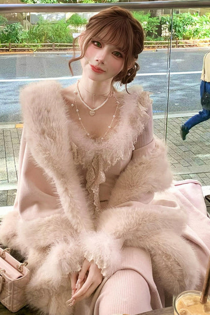 Lace Trimmed Feather Knit Dress