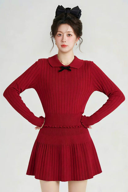 スイートレッドニットトップス+スカート