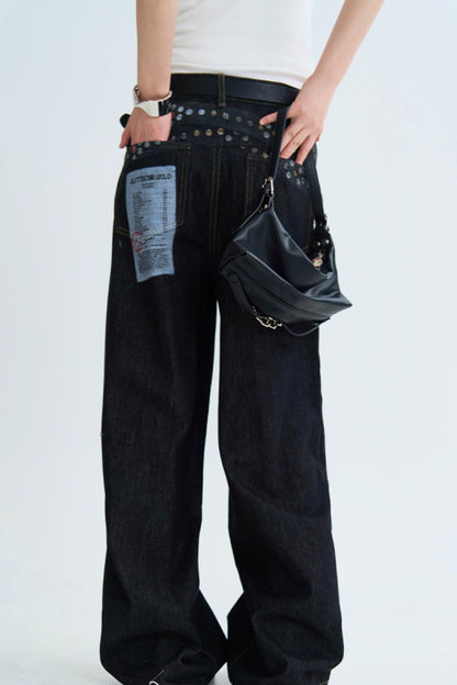 Retro Print Straight Leg Denim Pants
