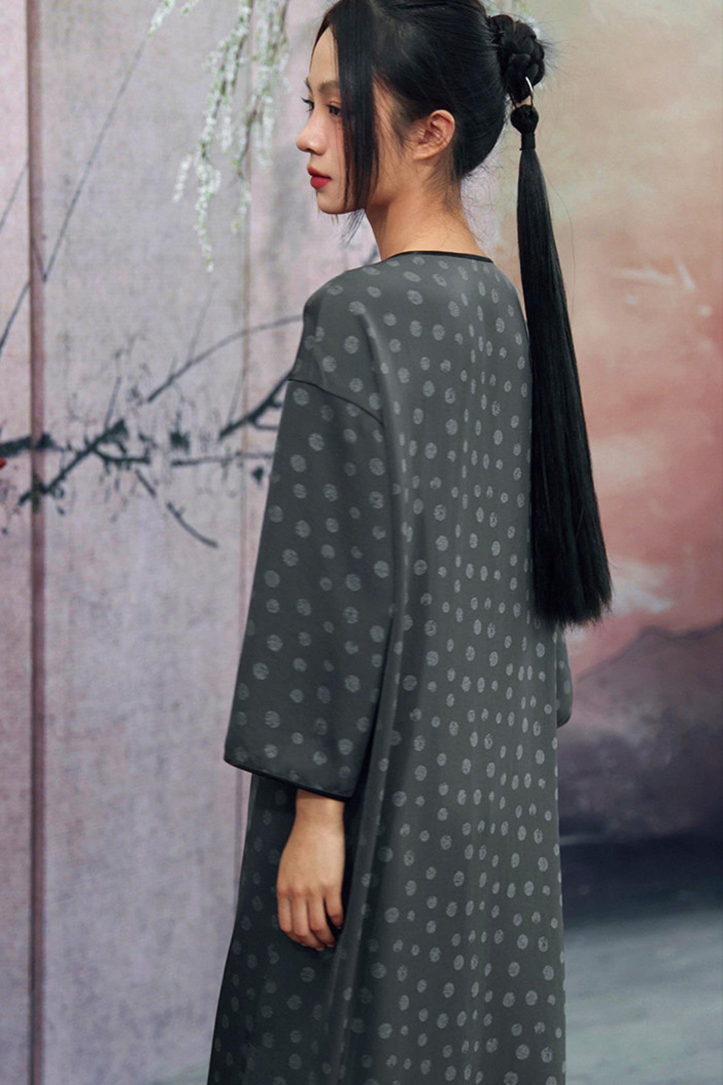 Dot Print Chinese Slit Long Dress