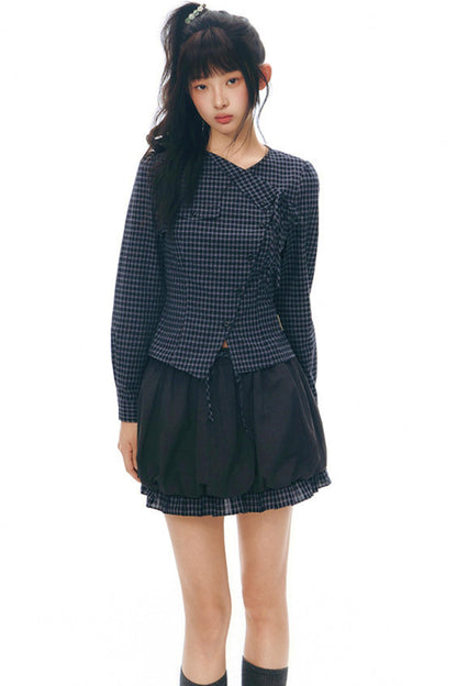 Y2Kリトルチェックドシャツ+スカート