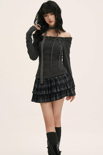 オフショルダーフリルリボントップス（スキニーロングスカーフ付き）