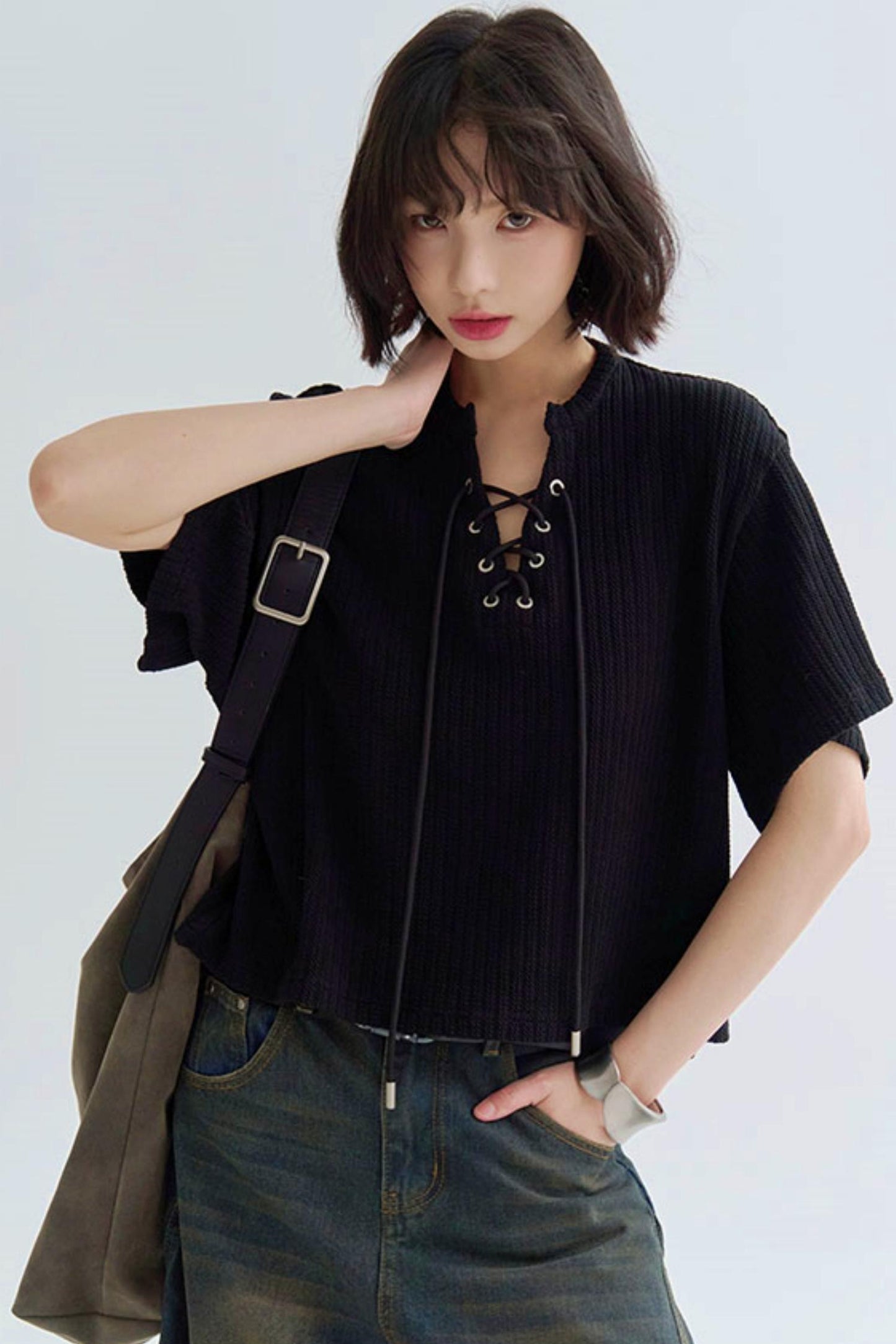 V-Neck Loose Fit Knit T-Shirt
