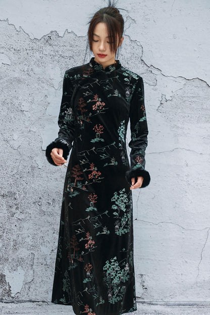 エンブロイダープラッシュチョンサムドレス