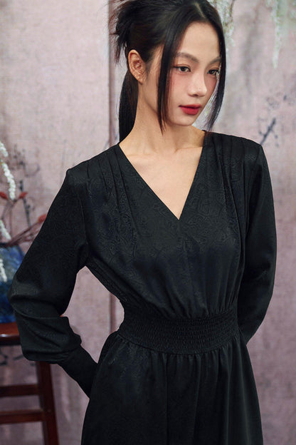 블랙 다크 자카드 와이드 가죽 벨트 V넥 드레스