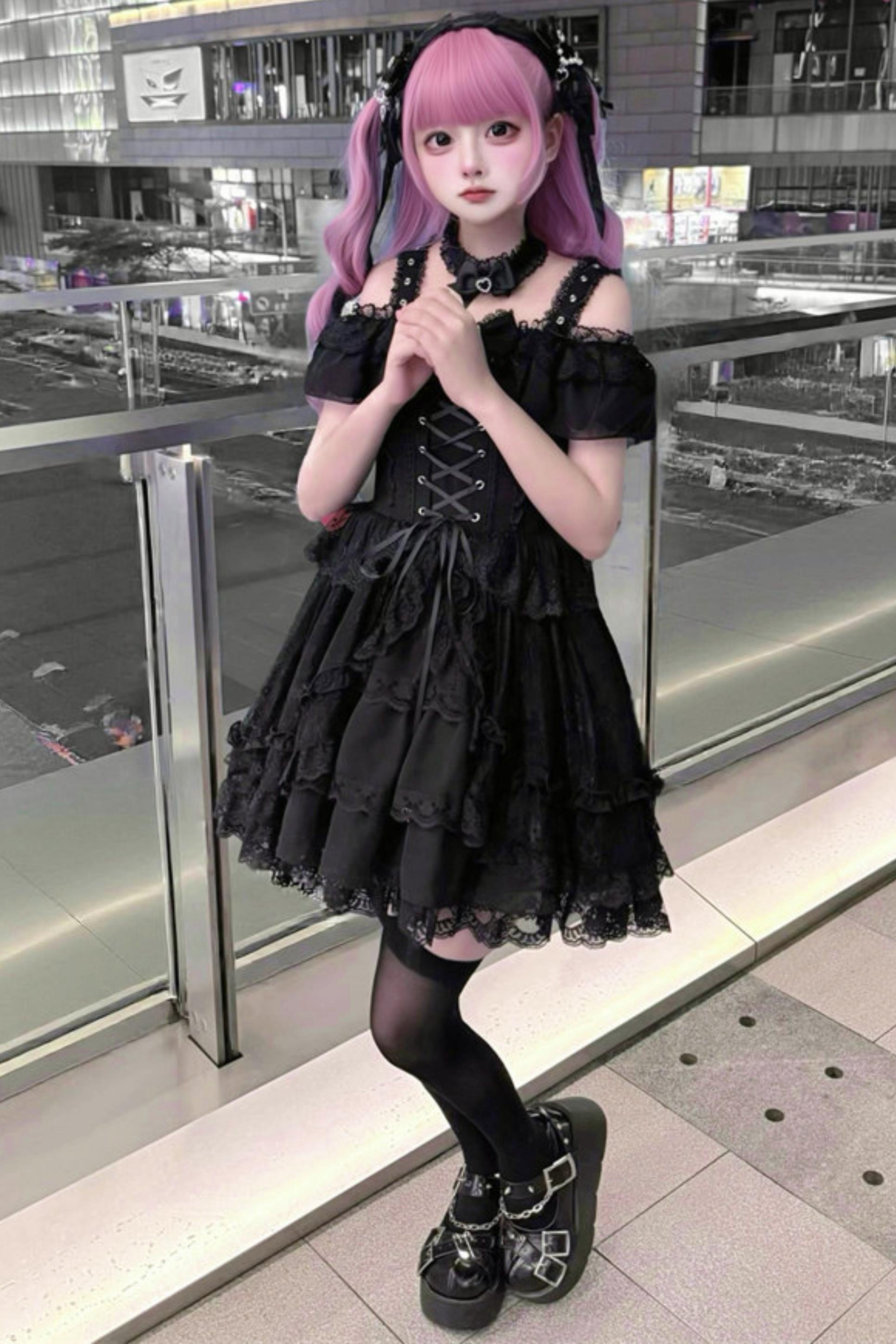 Off-Shoulder Dark Kawaii Lace Dress + Neck Ring – Belchic