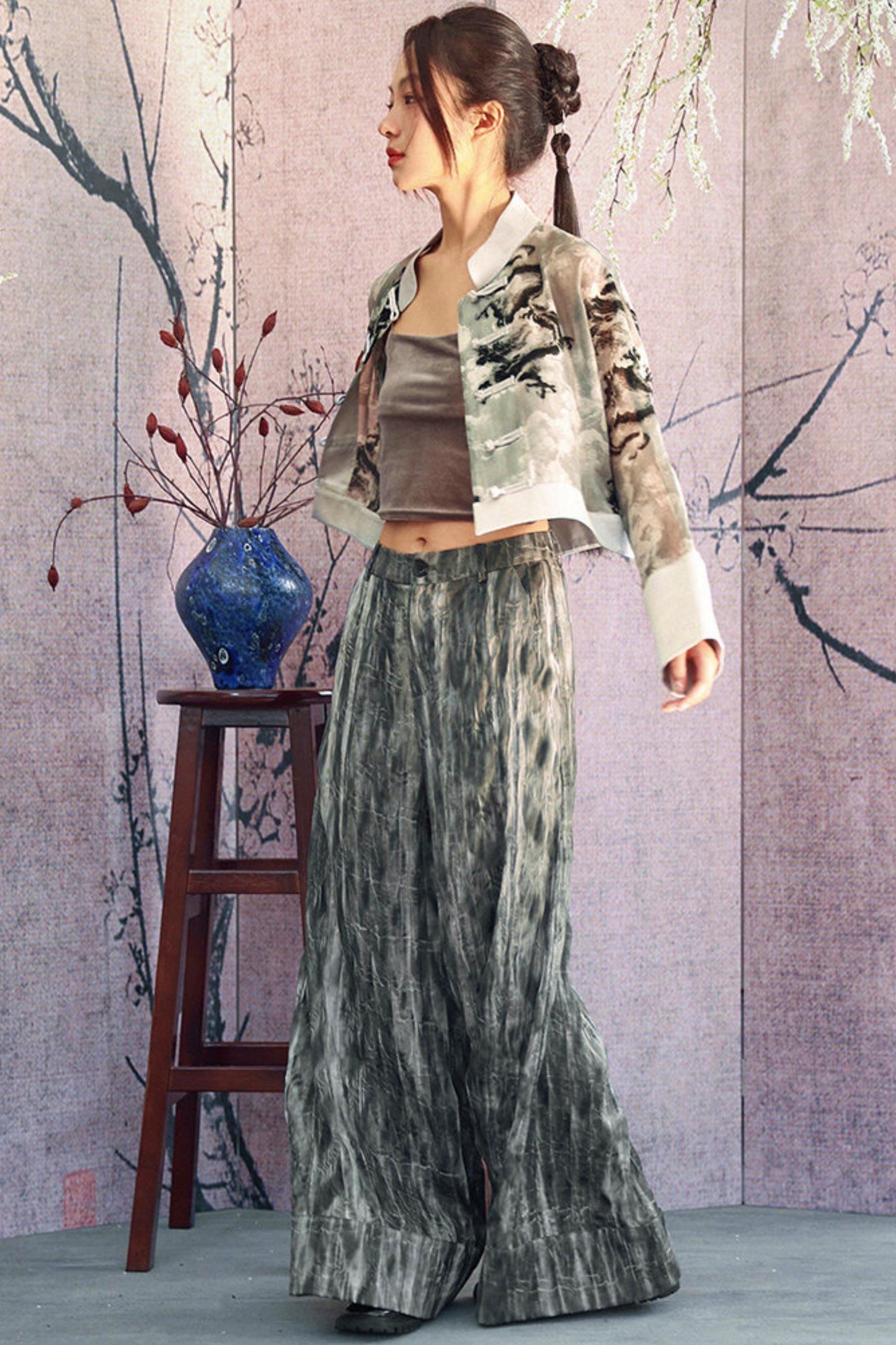 Gray Gradient Crinkled Wide Pants
