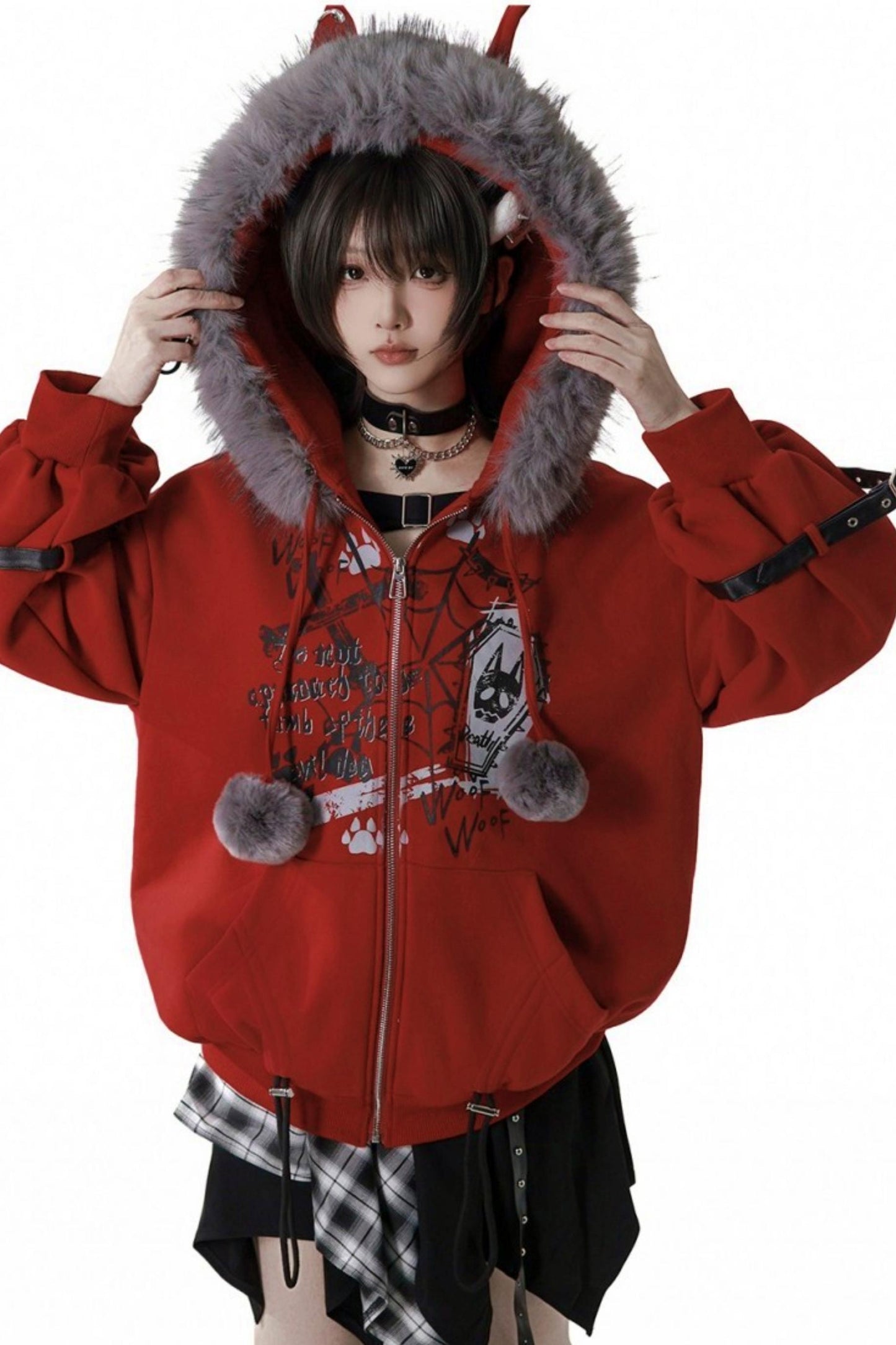 Red Furry Fleece Jacket + Top + Skirt + Accessories