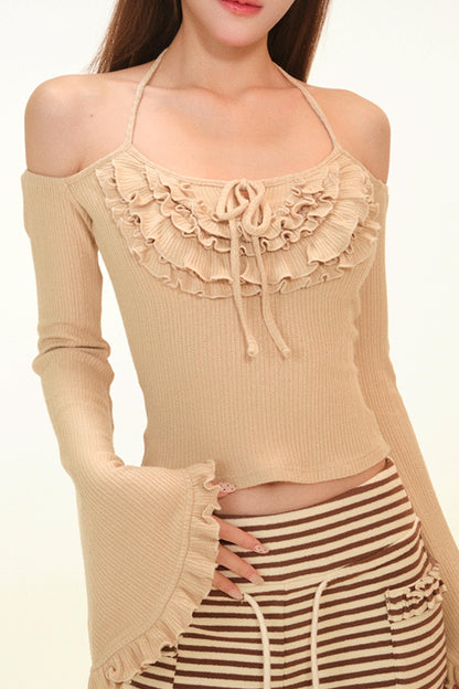 ソフトブラウンラッフルドニットカーディガン+トップス