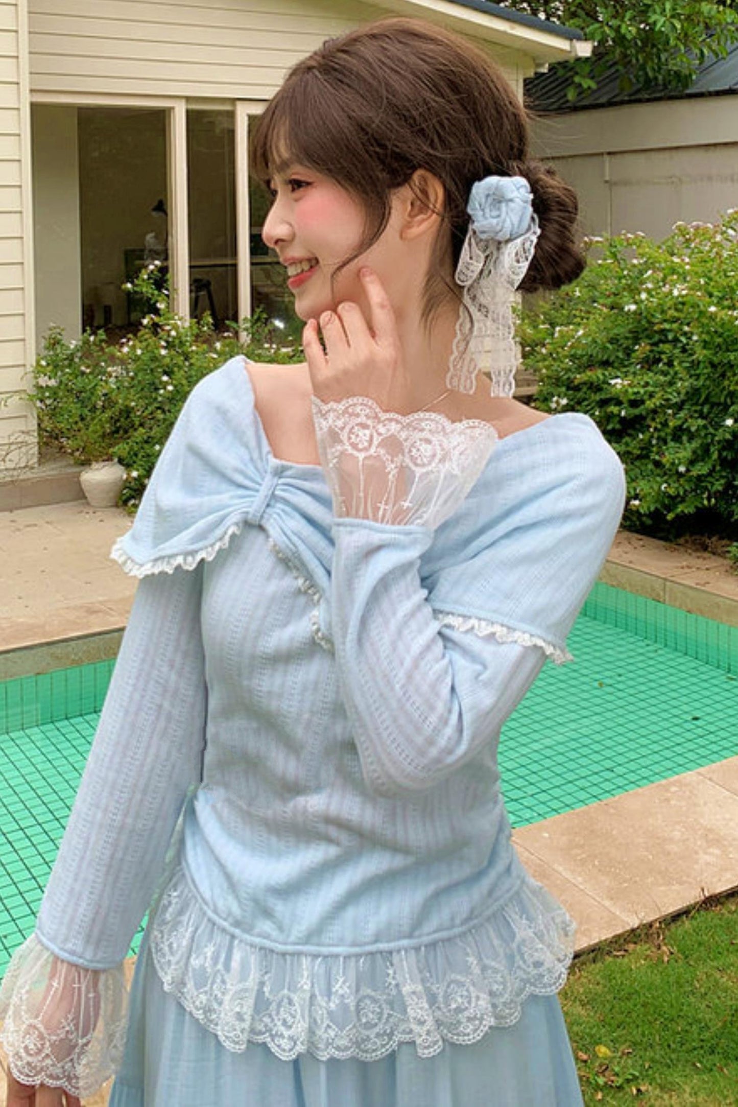 レースパッチワークオフショルダートップス+ロングスカート