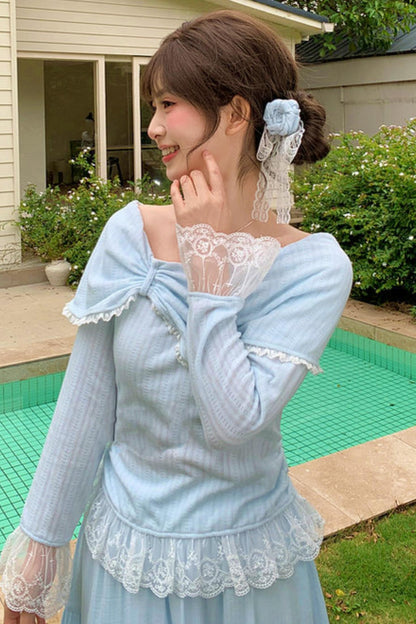 レースパッチワークオフショルダートップス+ロングスカート