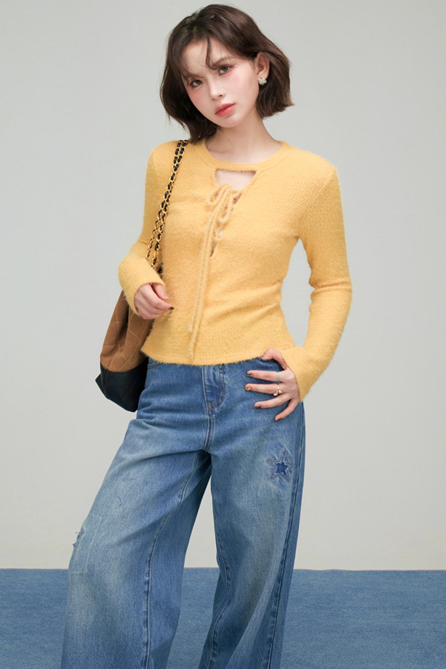 プチハニーリボンカラーニットトップス