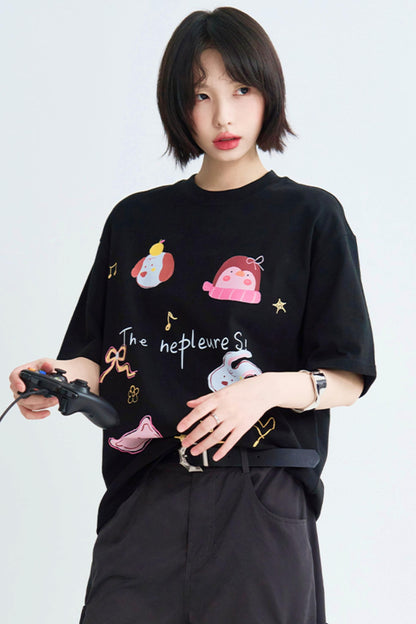 Casual Cartoon Illustrated Tee Shirt