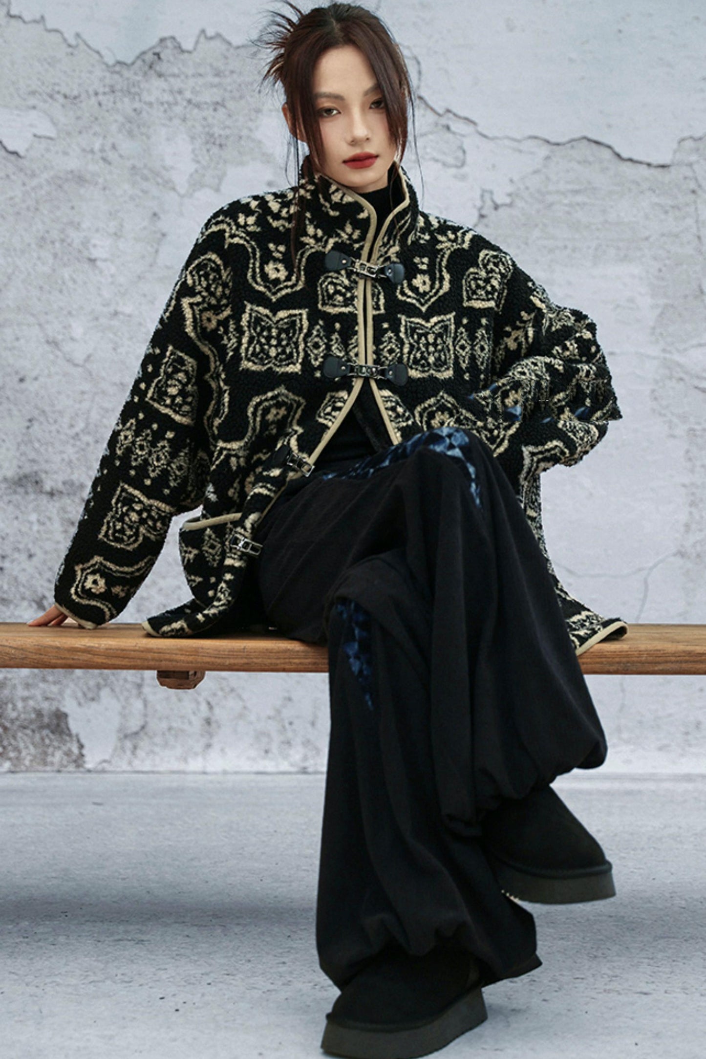 モードジャカードスタンドアップカラーコート