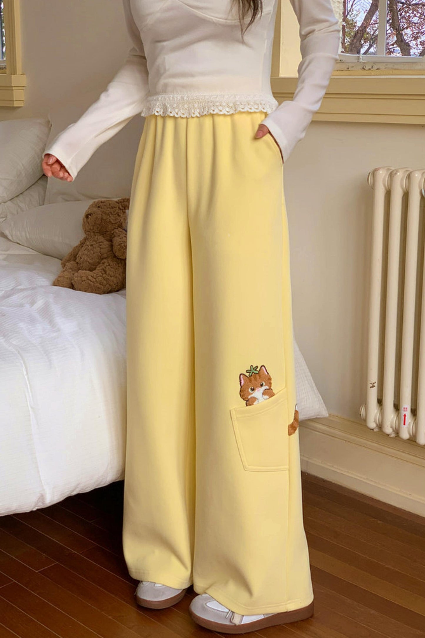 Orange Cat Embroidered Sweatpants