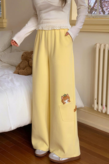 Orange Cat Embroidered Sweatpants