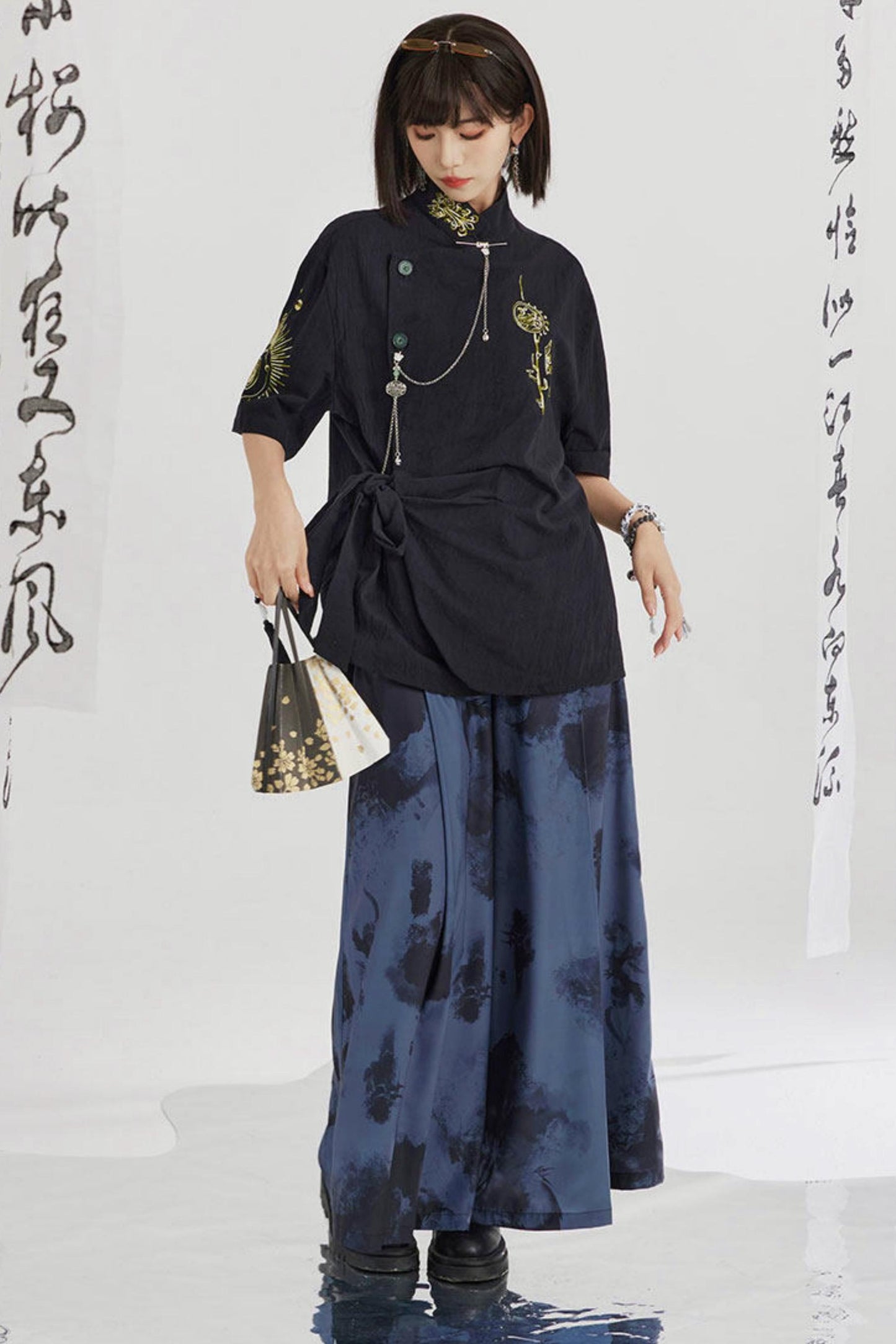 Black and Gold Oriental Ribbon Shirt + Chinese Wide-Leg Pants