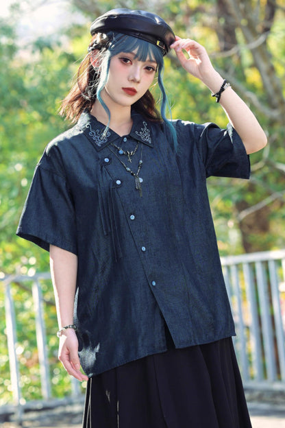 Embroidered Color Asymmetrical Chinese-Style Shirt