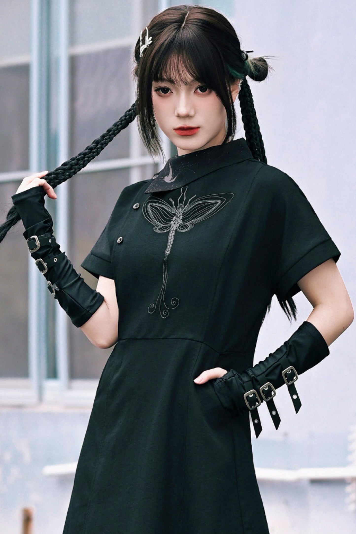 Black Dark Fantasy Metal Buckle Arm Covers (Fingerless Gloves)