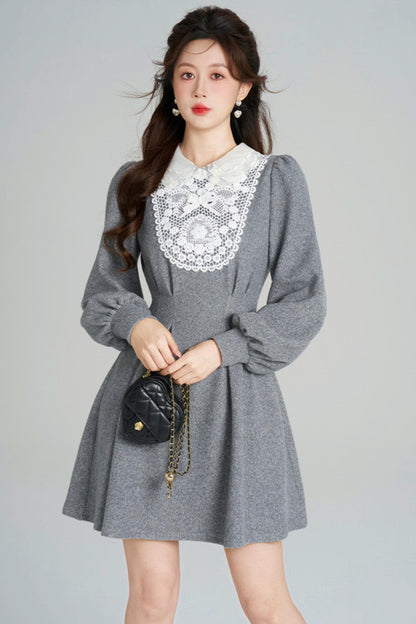 Lace Neck Design Waist Marked Dress