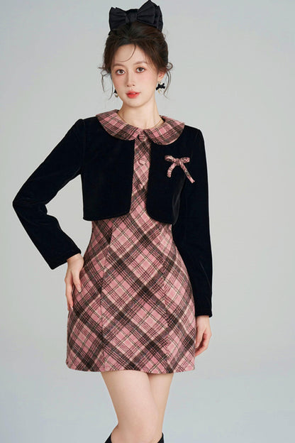 French Retro Plaid Doll Collar Dress