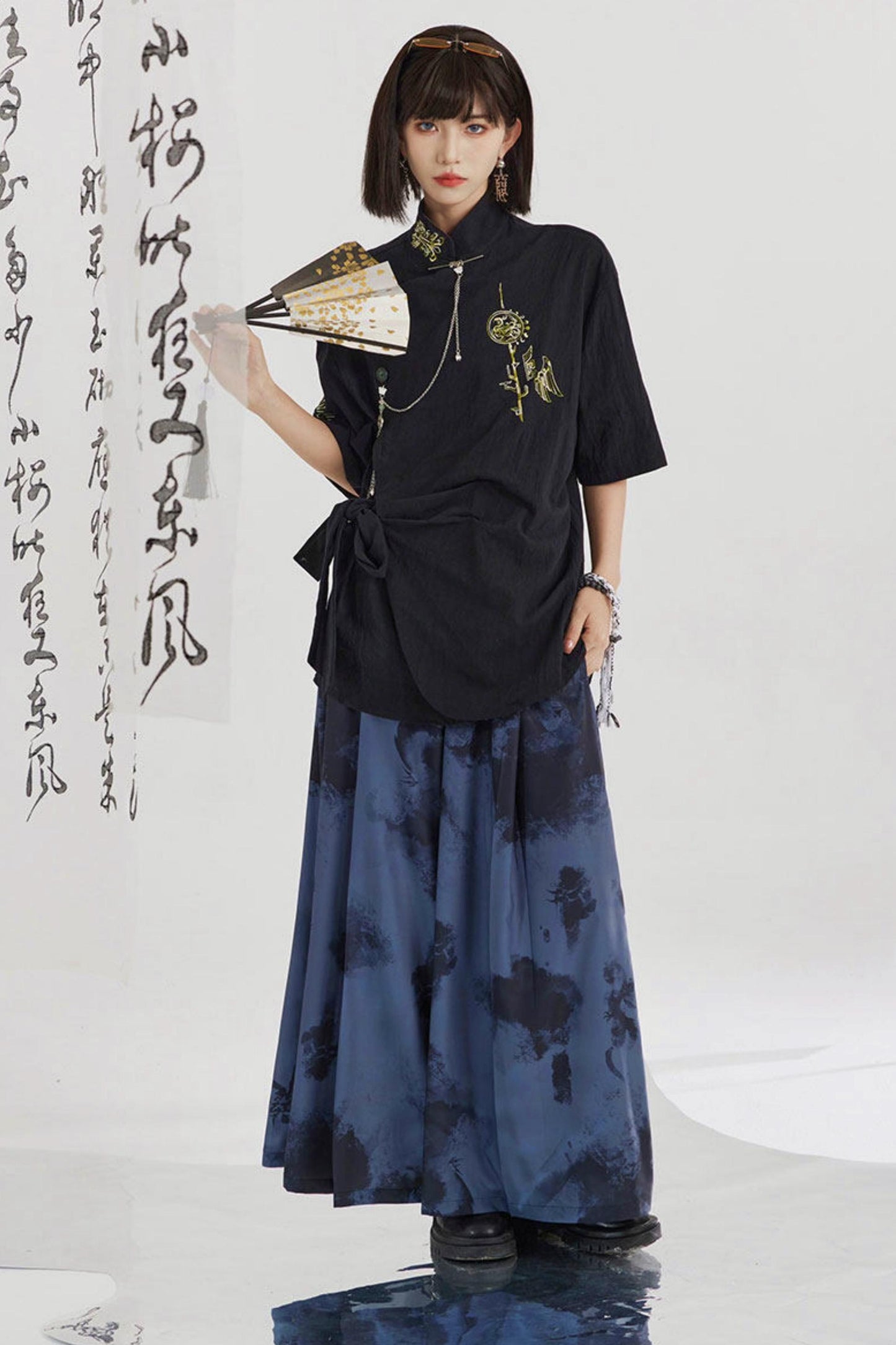 Black and Gold Oriental Ribbon Shirt + Chinese Wide-Leg Pants