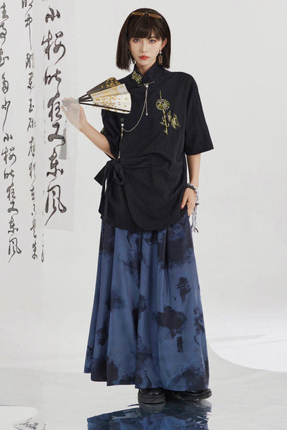 Black and Gold Oriental Ribbon Shirt + Chinese Wide-Leg Pants