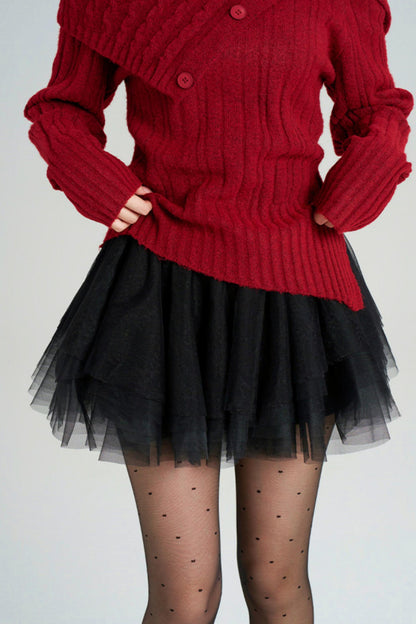 ワンショルダーフレンチタイトトップス+チュールスカート