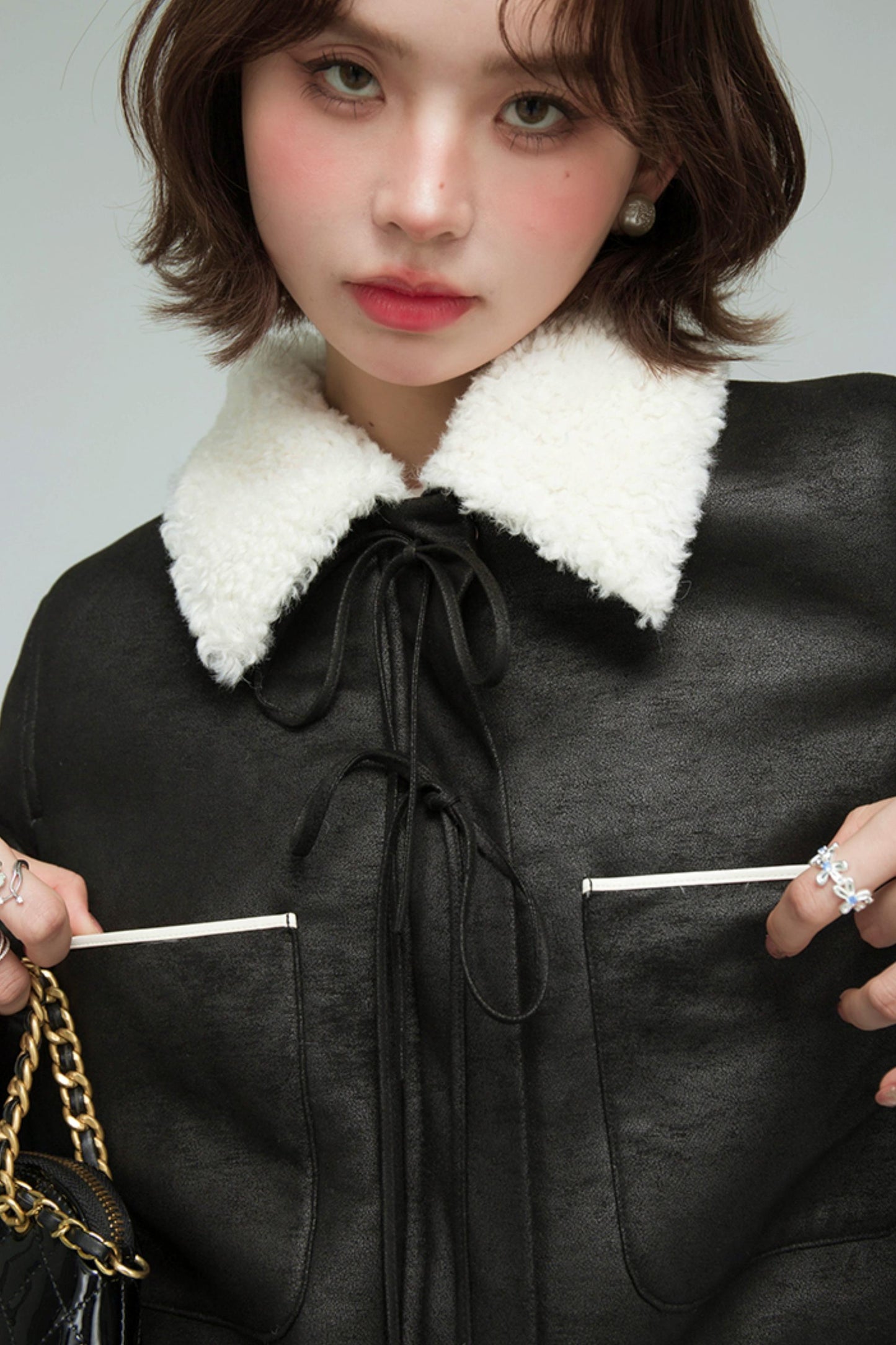 カラーブロックドシアリングコート